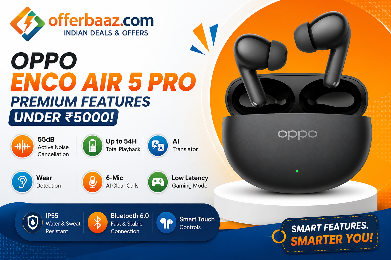 "OPPO Enco Air 5 Pro review and features image on Offerbaaz.com"